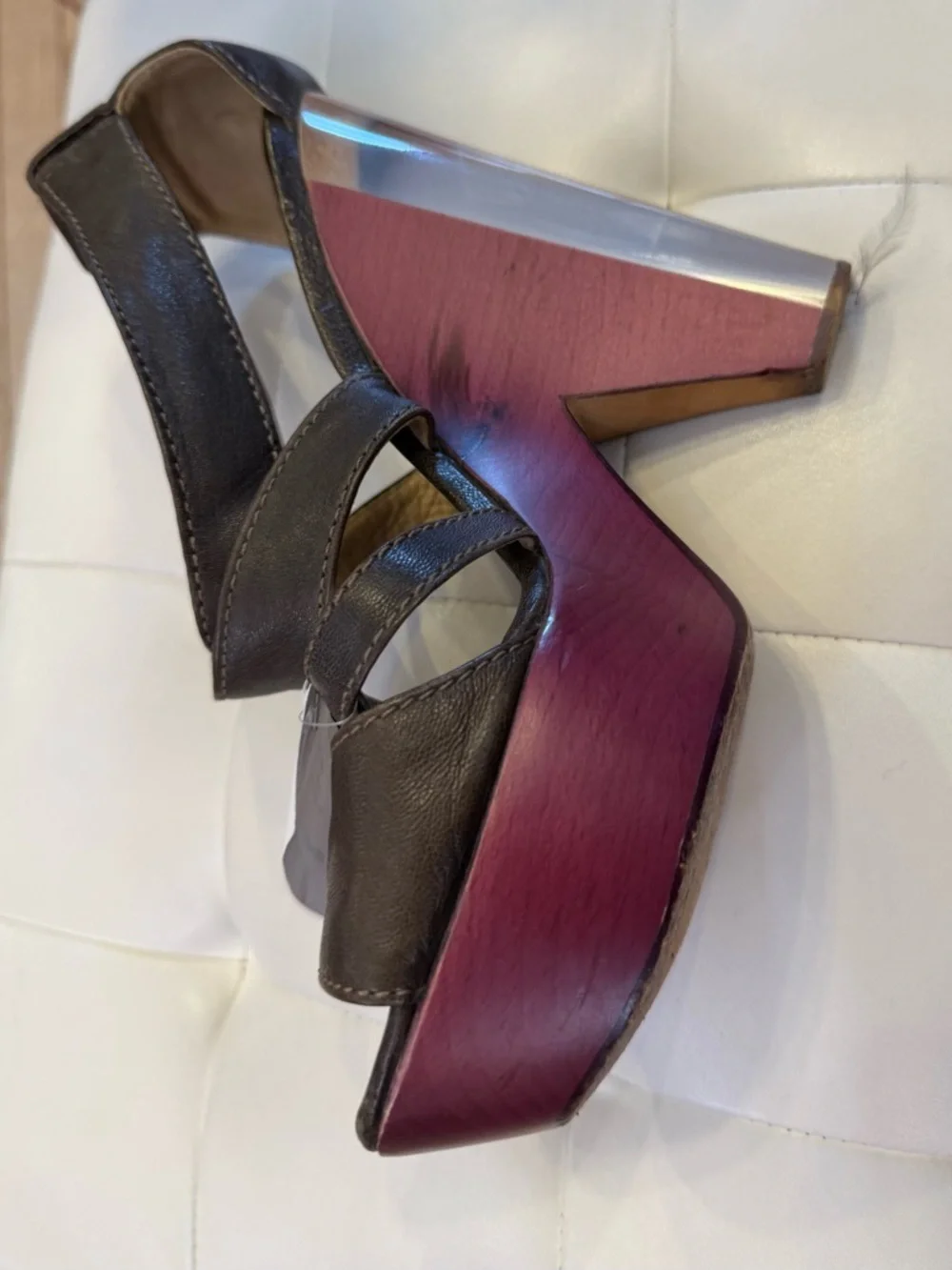 Chloe Brown Leather Slingback Platforms with Burgundy Wedge - Picture 3 of 3